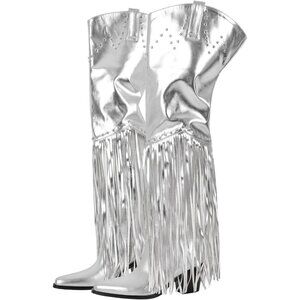 Women Silver Synthetic Fringe Thigh High Tassel Wide Calf Over Knee Pointed Boot